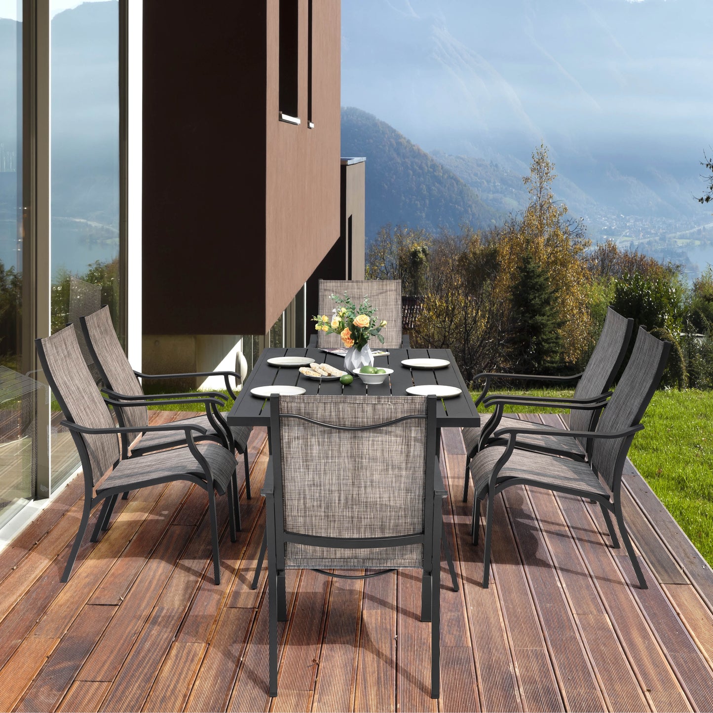 Nuu Garden 7 Piece Patio Dining Set, Rust-Resistant Aluminum Outdoor Dining Set, Include 6 Textilene Chairs and Rectangle Dining Table with Umbrella Hole, Grayish Brown
