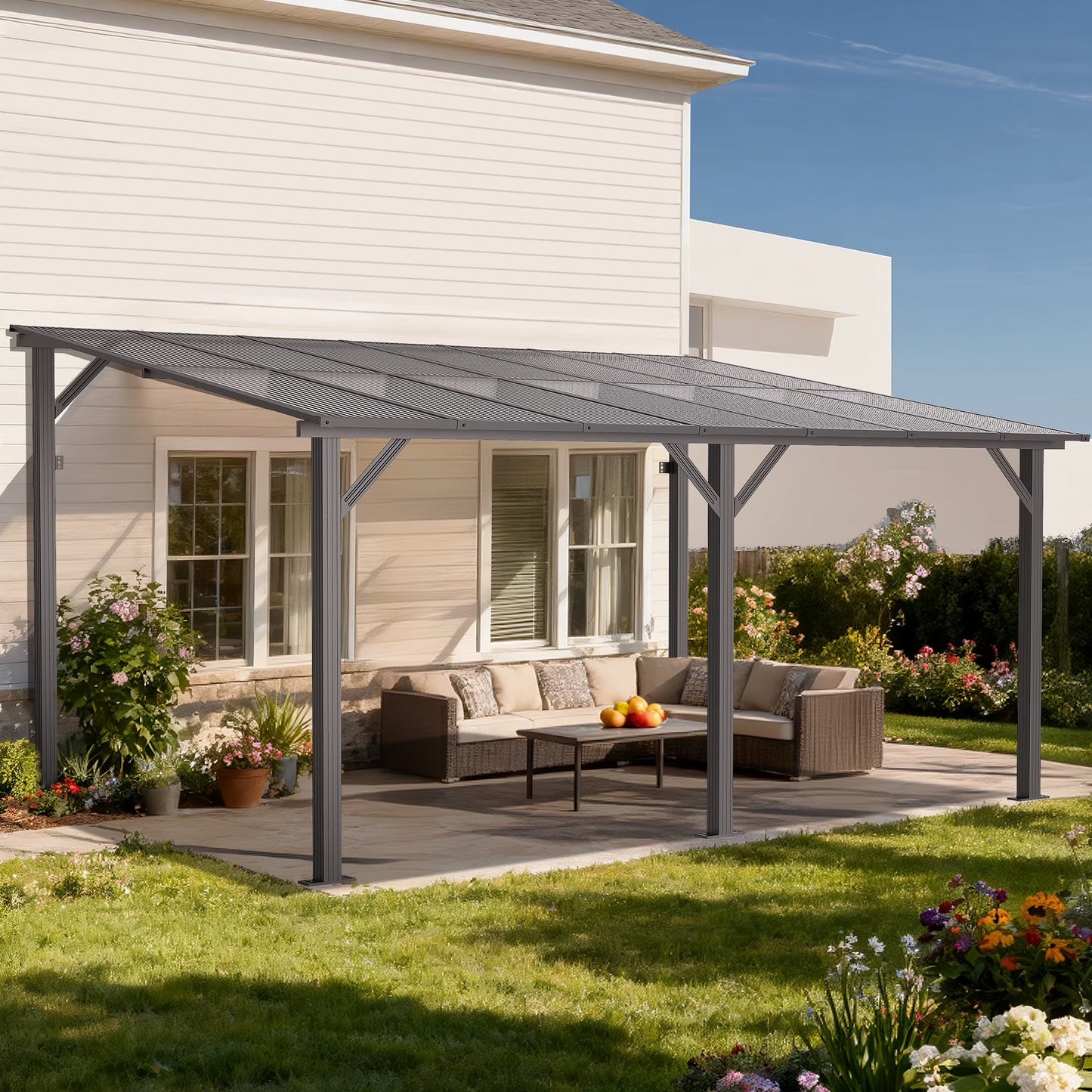 GVDV 14' x 10' Hardtop Gazebos Pergola, Outdoor Wall Mounted Gazebos with Aluminum Frame and Thickened columns for Patio,Backyard,Garden