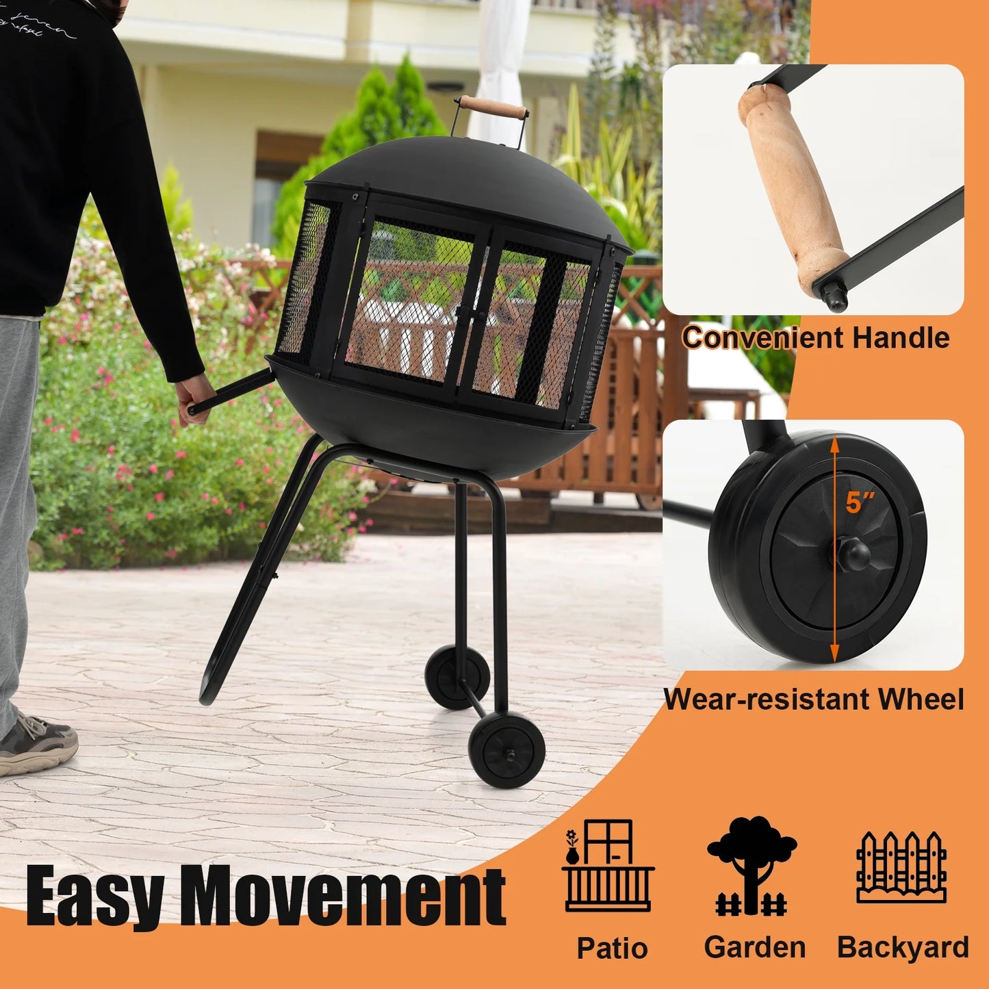Topbuy Portable Fire Pit w/Wheels 28" Wood Burning Fire Pit w/Log Grate Poker Rolling Patio Fireplace Bonfire Firepit for Outdoor Entertaining