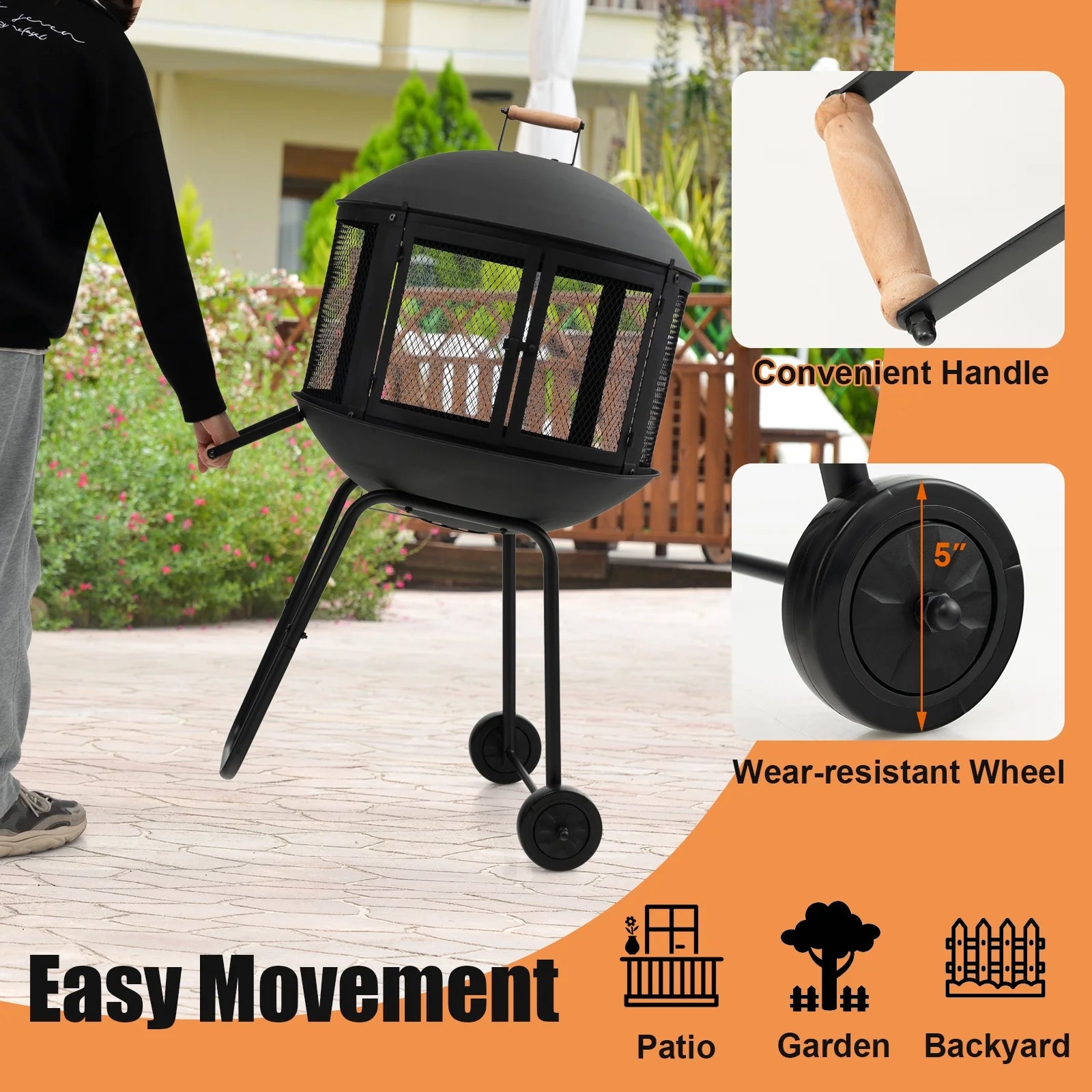 Topbuy Portable Fire Pit w/Wheels 28" Wood Burning Fire Pit w/Log Grate Poker Rolling Patio Fireplace Bonfire Firepit for Outdoor Entertaining