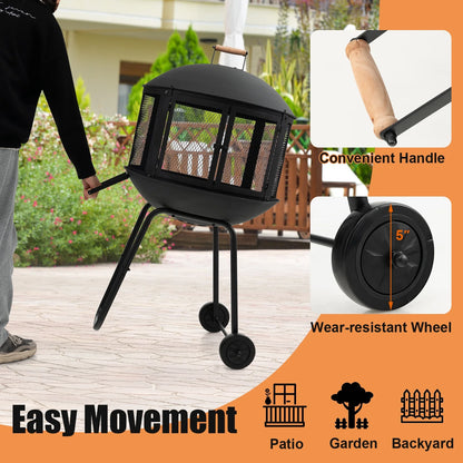 Topbuy Portable Fire Pit w/Wheels 28" Wood Burning Fire Pit w/Log Grate Poker Rolling Patio Fireplace Bonfire Firepit for Outdoor Entertaining