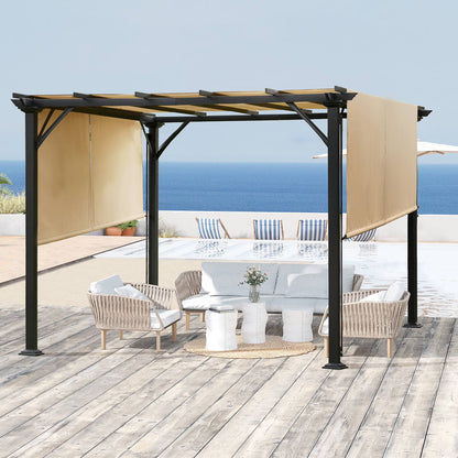 Outsunny 12' x 10' Outdoor Retractable Pergola Canopy with Sun Shade Unique Design Canopy Patio Metal Shelter for Garden Porch Beach, Beige