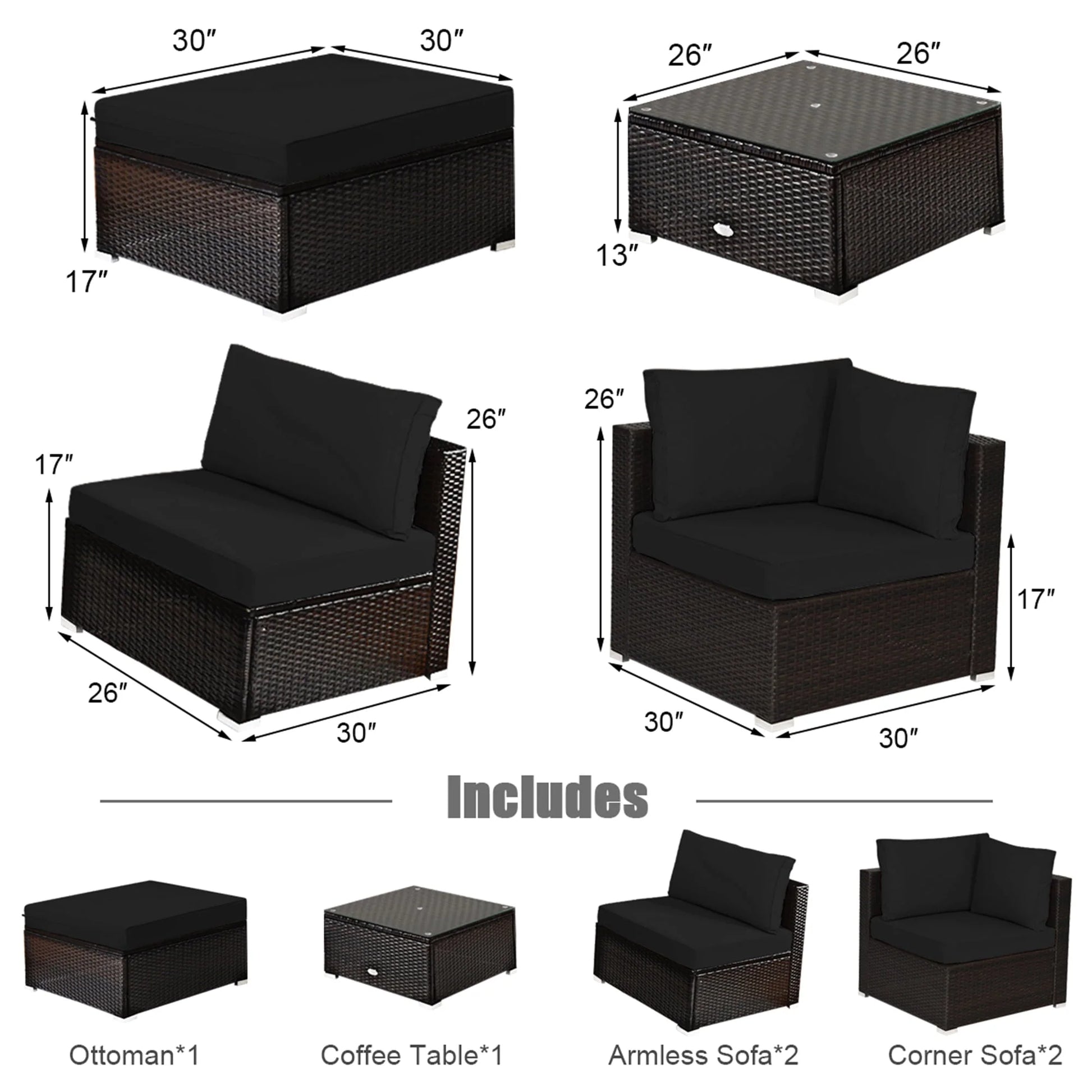 Gymax 6PCS Rattan Patio Sectional Sofa Set Outdoor Furniture Set w/Black Cushions