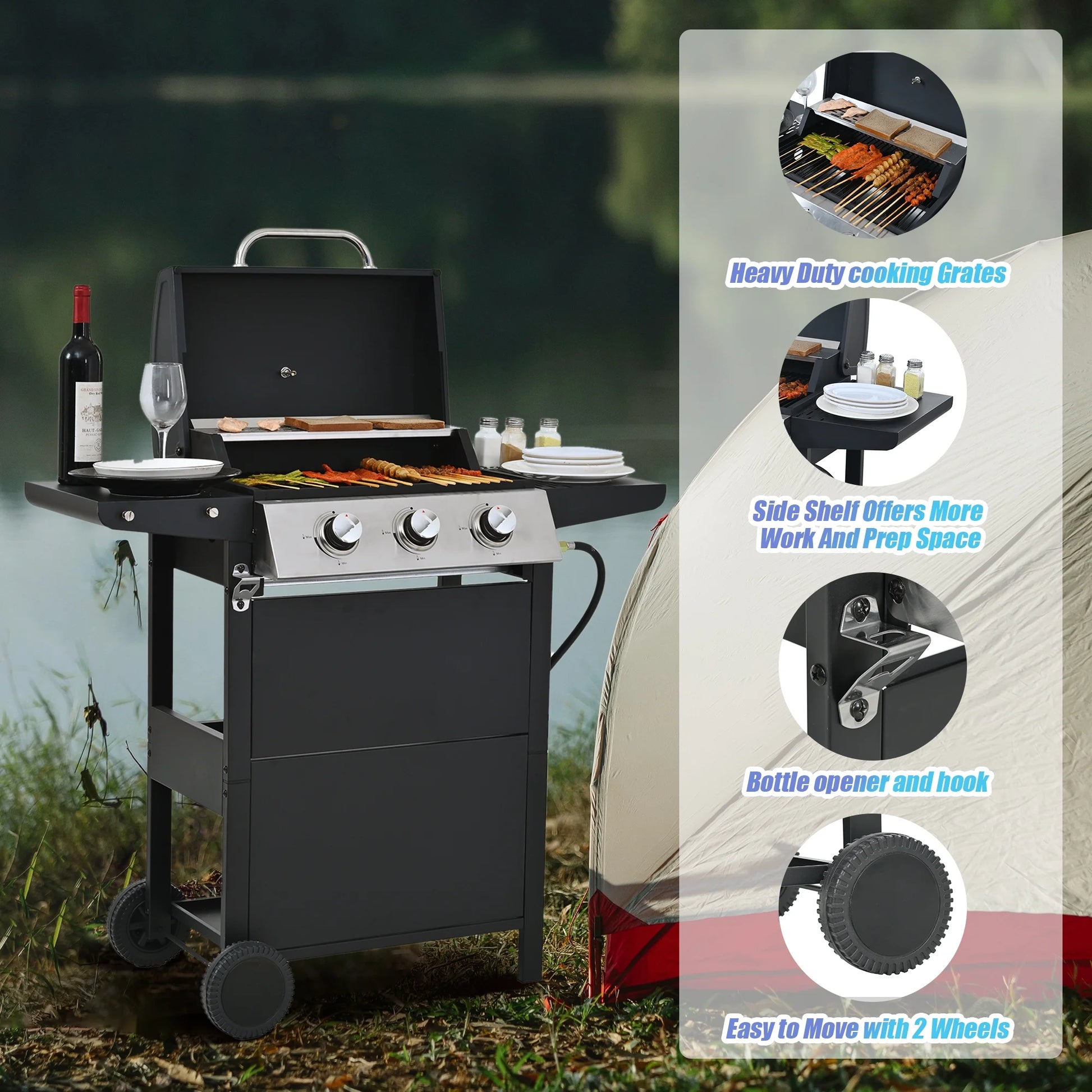 Qiushi 3-Burner Propane Gas Grill, 26,000 BTU Stainless Steel BBQ Grill with 2 Shelves & Thermometer, Outdoor Patio Grill with Electronic Ignition, Wheels & Bottle Opener M?Durable & Even Heating