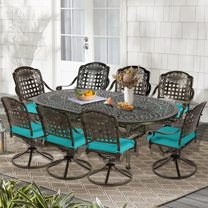9-Piece Patio Cast Aluminum Dining Set, 8 Person Outdoor Dining Furniture Set, includes 84" Oval Table and 8 Swivel Dining Chairs with Umbrella Hole for Patio Deck Garden, Tan