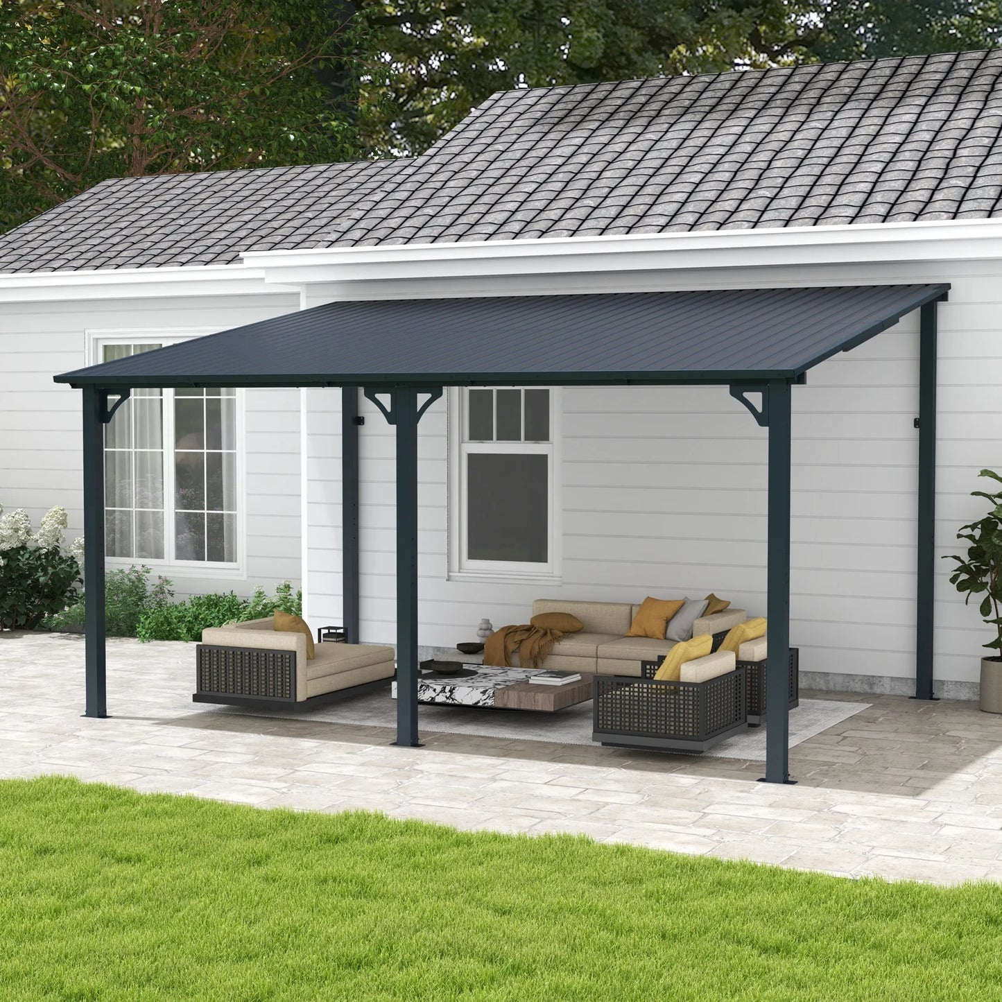 8' x 10' Outdoor Pergola Gazebo, Lean to Awnings Gazebos, Heavy Duty Hard Top Metal Pergola with Roof, for Patio, Backyard, Decks, Poolside