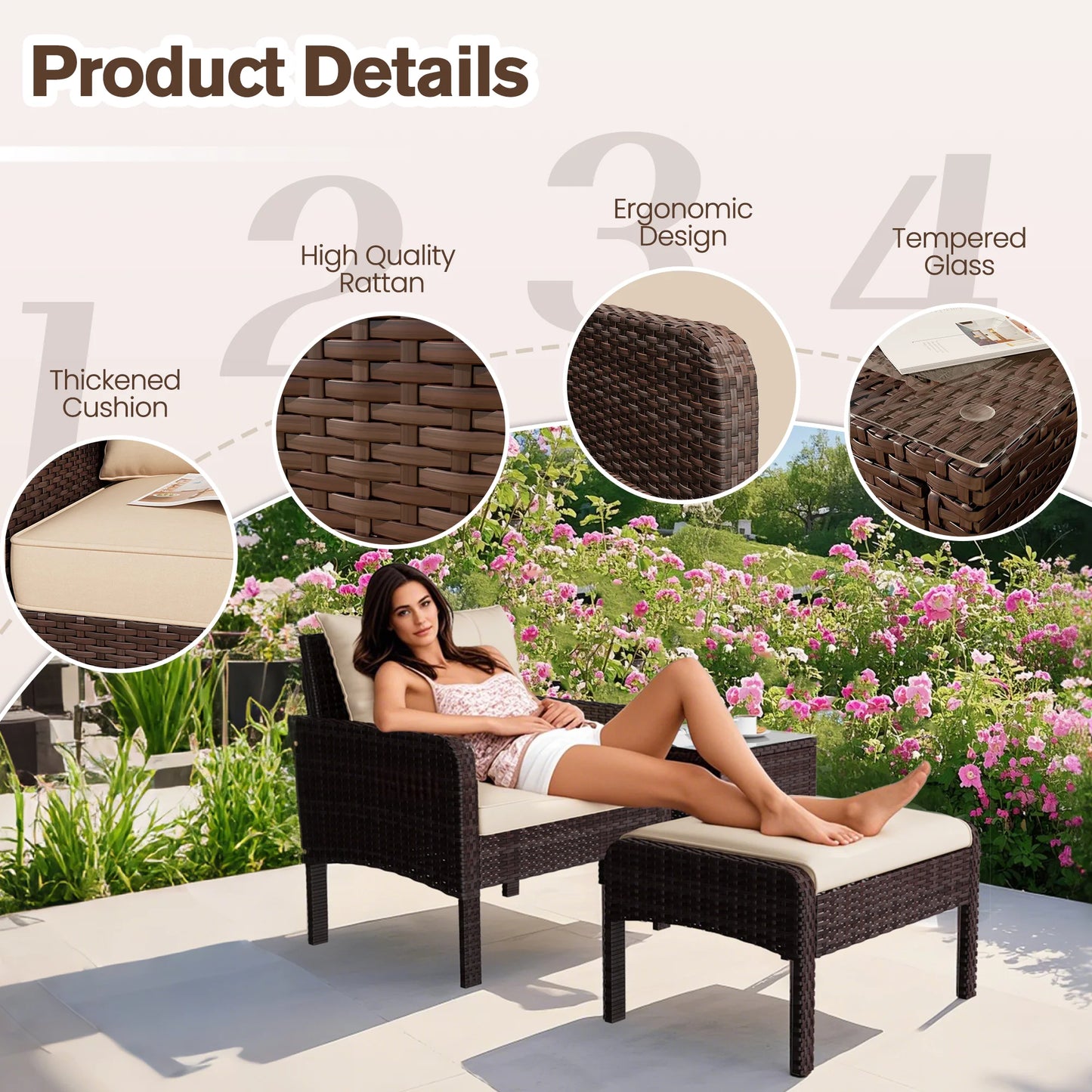 AECOJOY 5 Piece Patio Furniture Set Rattan Wicker Chair with Table Ottoman Patio Conversation Set for Porch in Beige
