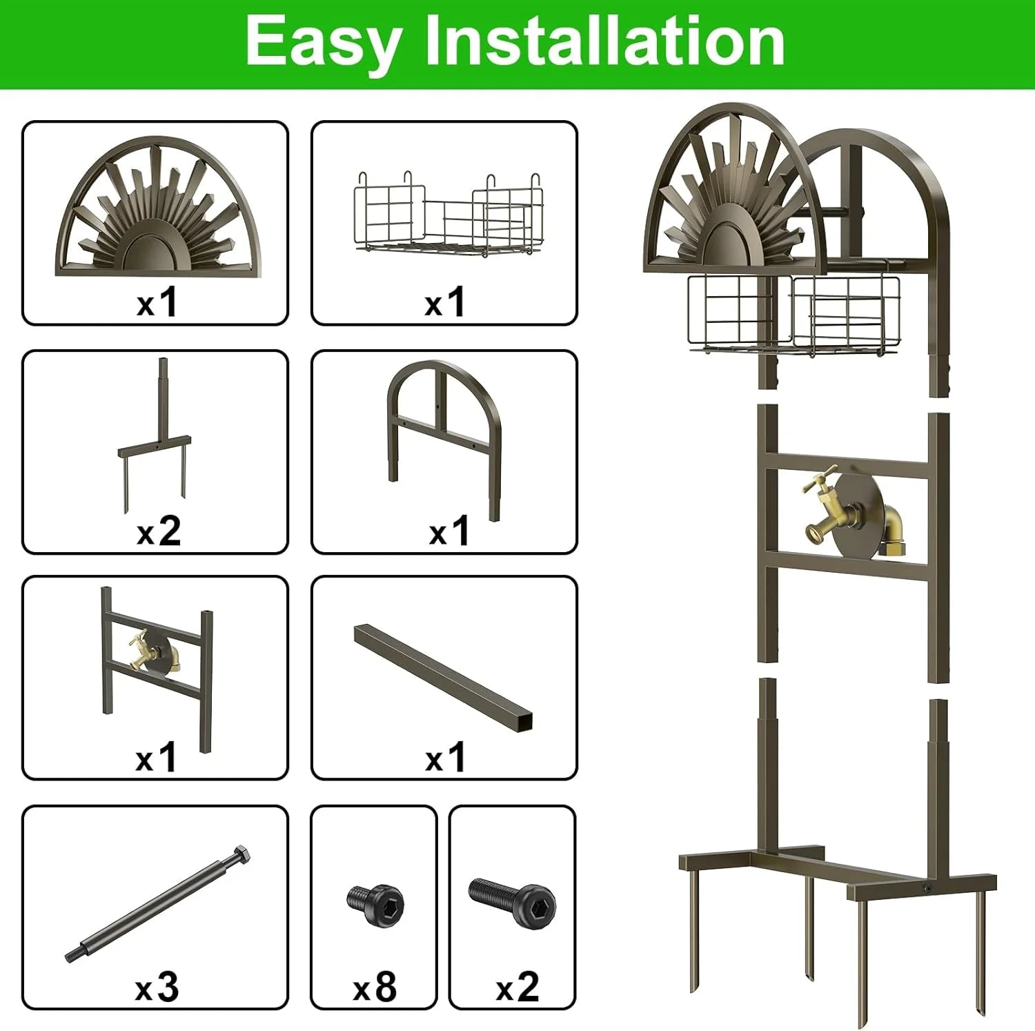 Garden Hose Holder with Brass Faucet, Freestanding Water Hose Stand with Storage Basket, Detachable Heavy Duty Hose Reel Hanger Holds 150-Feet Hose for Outside Patio Yard Lawn