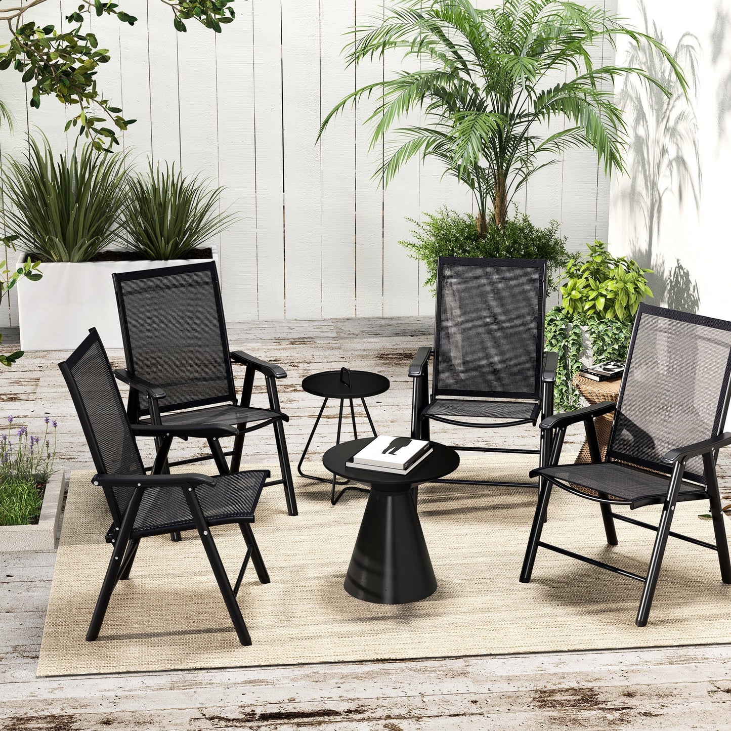 4 Patio Folding , Stackable Outdoor Sling Chairs With For Lawn, Camping, Dining, Beach. Metal Frame, No Assembly, Black. 22.87" L X 25.15" W 37" H, 242 Lbs Load-supporting Ability Frame Structure,