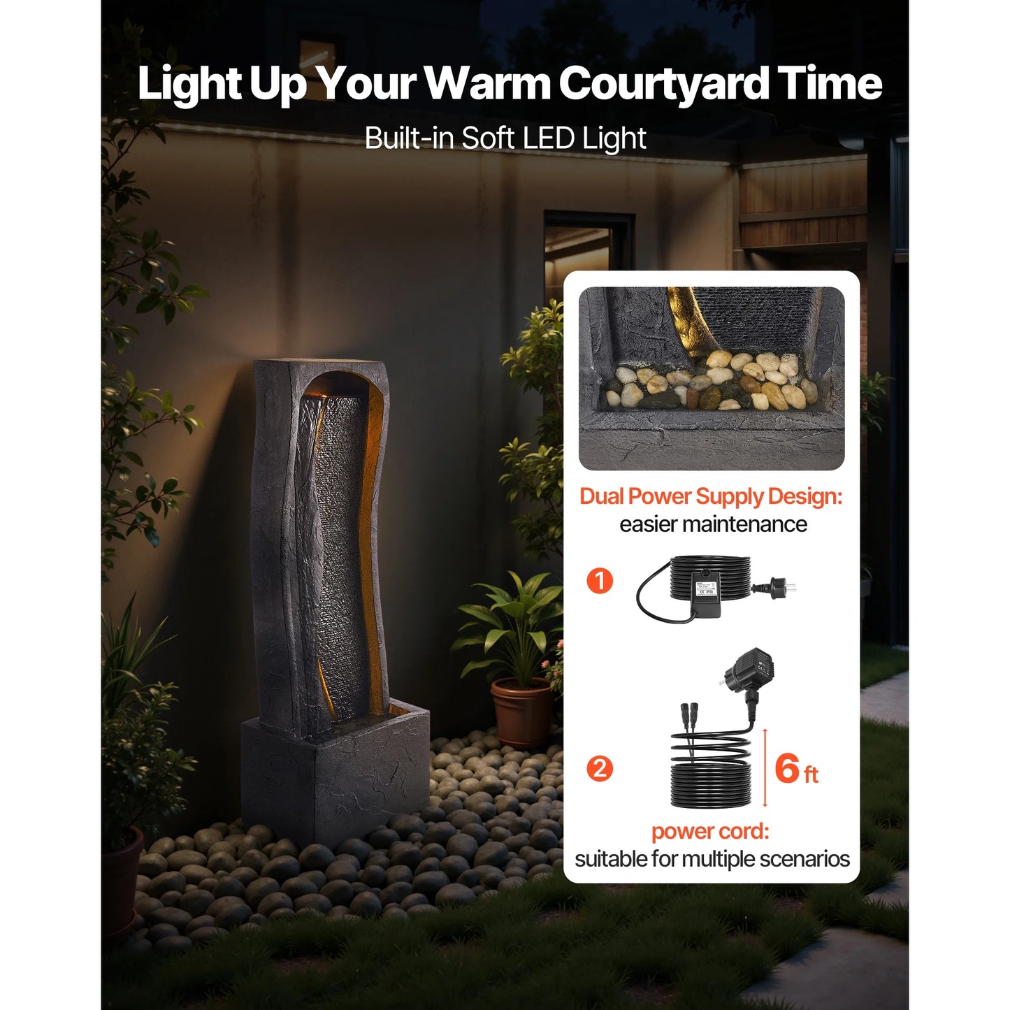 KFFKFF Outdoor Water Fountain, 38.58-Inch Tall with LED Light and Pump, 1-Tier Floor Standing Rock Base Design for Garden, Home, Patio, and Backyard Use