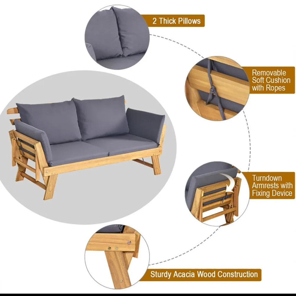 Canddidliike Patio Convertible Solid Wood Sofa with Cushion, Wood Frame Sofa, Sectional Sofa Set Ottoman