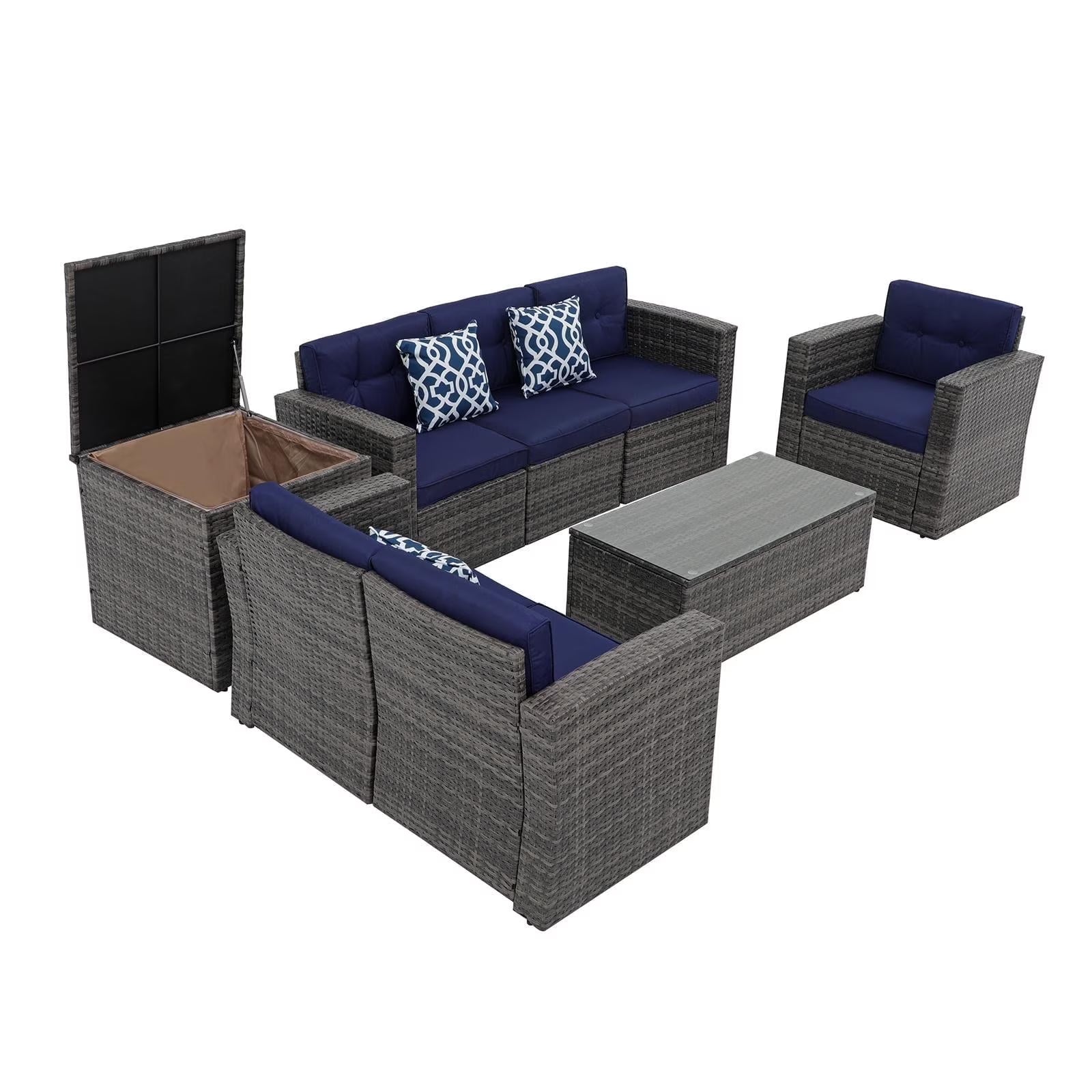 JOIVI 8 Pc Outdoor Furniture Set with Storage Box, Wicker Rattan Patio Conversation Set with Sectional Sofa Couch for 6 People, Espresso Brown