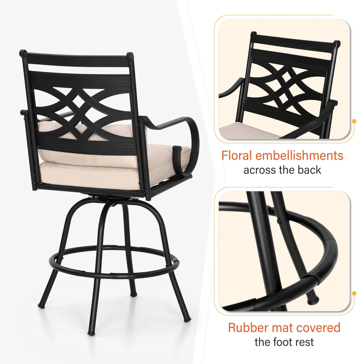Veransa Vista 2 Piece Patio Outdoor Swivel Bar Stools Metal Counter Height Chairs with Cushions
