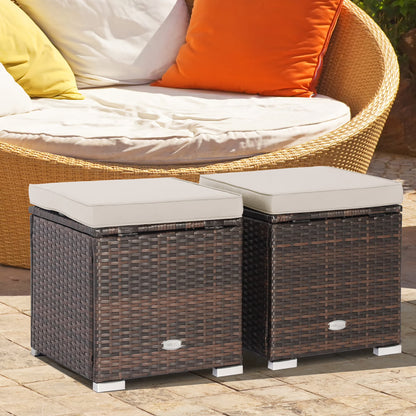Costway 2PC Patio Rattan Ottoman Seat Side Table Storage Box Footrest Off White