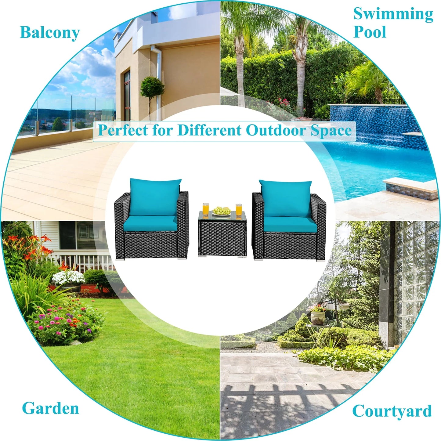 Costway 3PCS Patio Rattan Wicker Furniture Set Sofa Table W/Cushion Turquoise