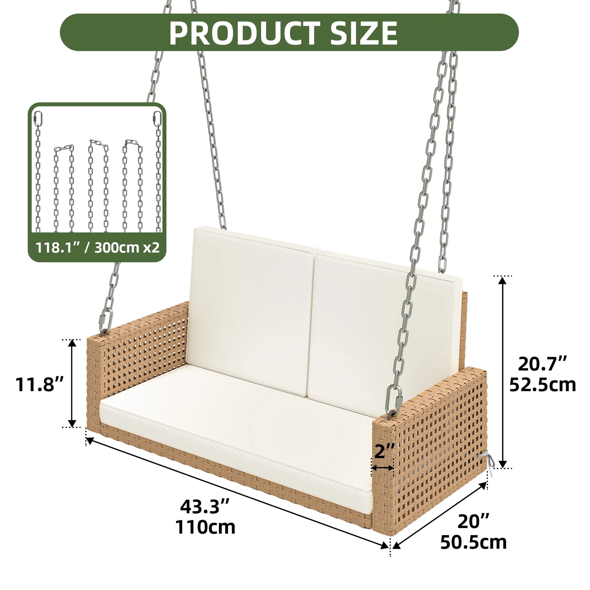 Uforic 2-Person Patio Rattan Hanging Porch Swing Bench Chair Cushion - Beige