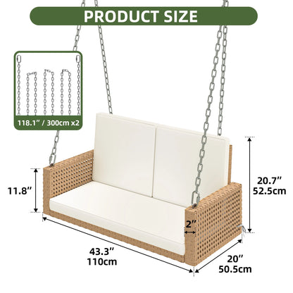 Uforic 2-Person Patio Rattan Hanging Porch Swing Bench Chair Cushion - Beige