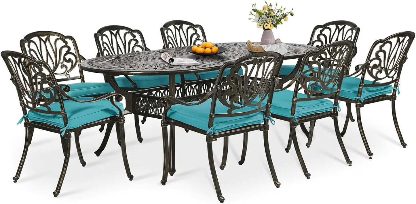 9-Piece Patio Dining Set, Outdoor Patio Table and Chair Set of 84? Oval Cast Aluminum Dining Table with Umbrella Hole and 8 Outdoor Dining Cushion Chairs, Patio Funiture Set for Garden, Navy