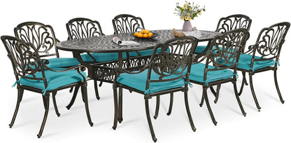 9-Piece Patio Dining Set, Outdoor Patio Table and Chair Set of 84? Oval Cast Aluminum Dining Table with Umbrella Hole and 8 Outdoor Dining Cushion Chairs, Patio Funiture Set for Garden, Navy