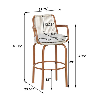 Lyric Modern 29" Outdoor Patio Bar Stools, Bar Chairs with Wood Grain Finish Frame with Hand-Woven PE Rattan Rope, Removable Cushions, Teak+Beige, Set of 2