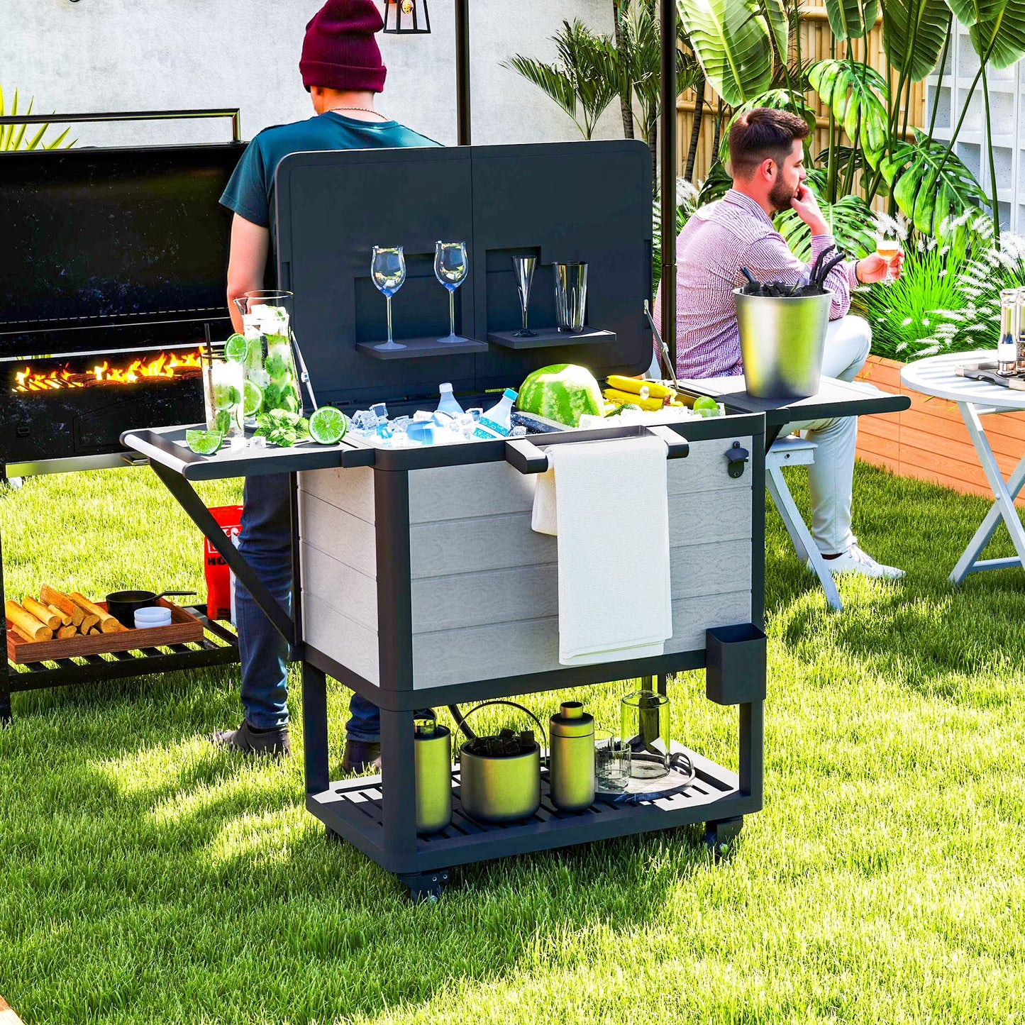 Outsunny 104 Quart Patio Cooler Cart, Outdoor Beverage Rolling Ice Chest with Bottle Opener and Shelves for Pool Deck BBQ Cookouts Party, Black