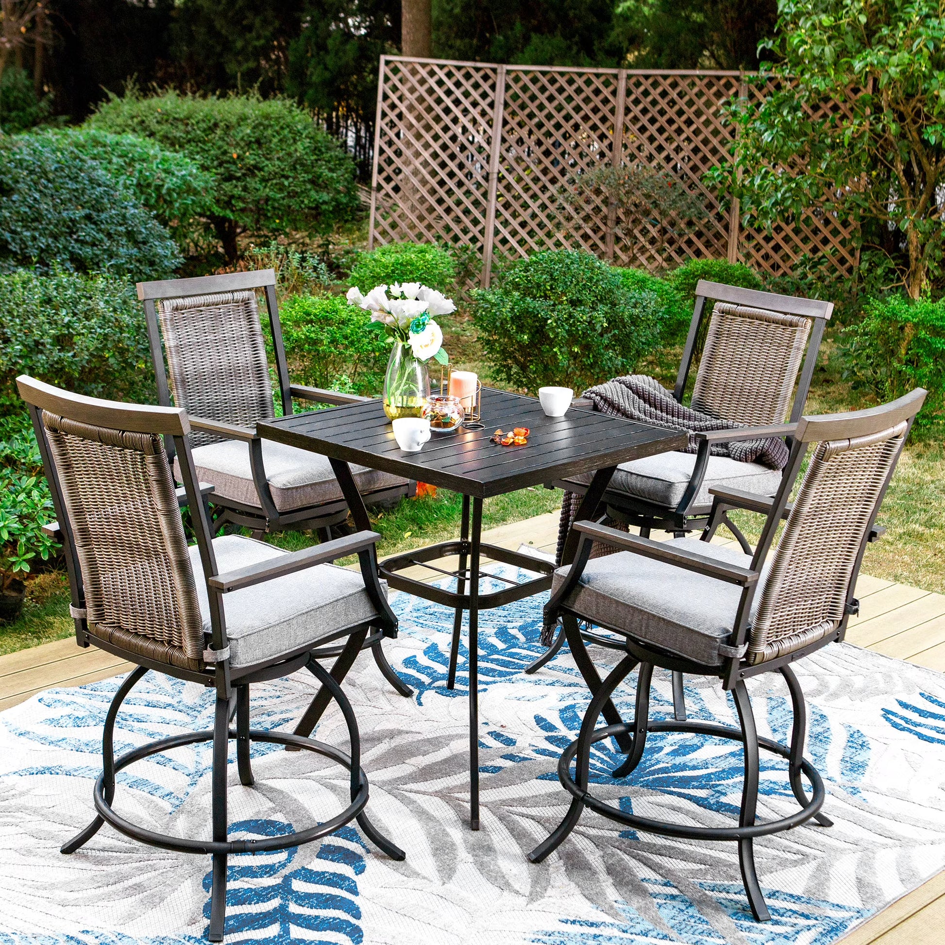 Sophia & William 3 Pieces Patio Outdoor Bar Stools Bistro Set Rattan Wicker Chairs & Square Metal Table Furniture Set