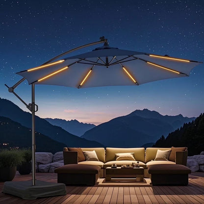 10ft Patio Umbrella Offset with Solar Light and Base,Offset Hanging Patio Outdoor Market Umbrella with Easy Tilt and Crank,for Yard,Garden,Home,Pool & Deck,Green