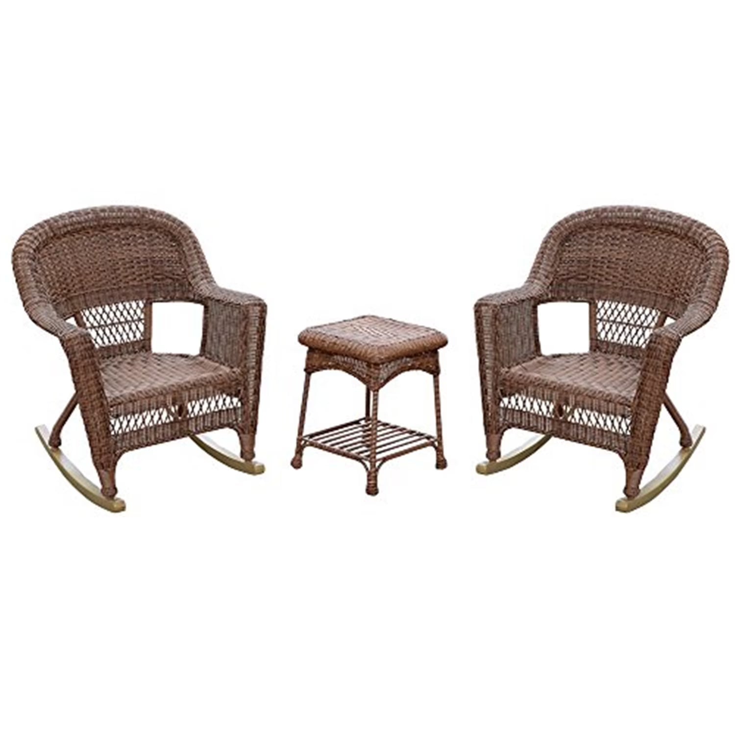 Jeco 3 Piece Resin Wicker Outdoor Patio Rocker Chair with End Table Set in White