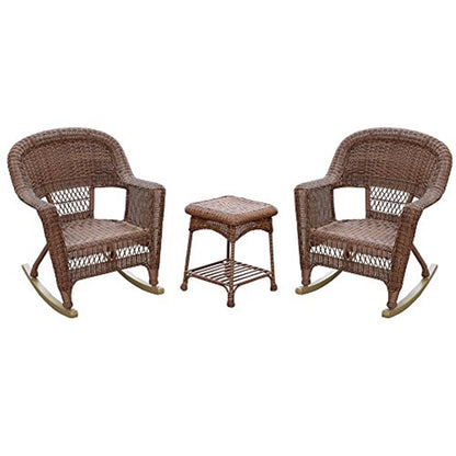 Jeco 3 Piece Resin Wicker Outdoor Patio Rocker Chair with End Table Set in White