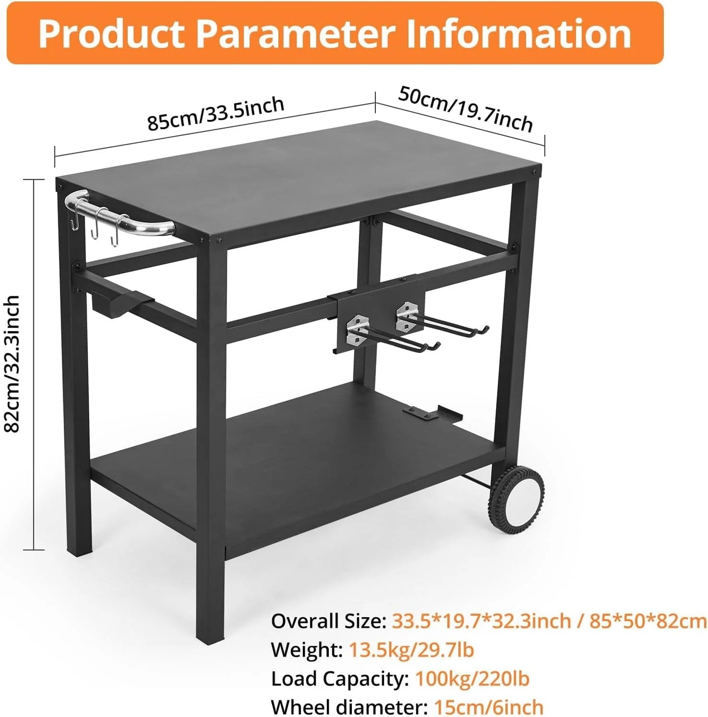 WhizMax Black Grill Cart Pizza Oven Stand, BBQ Prep Table with Wheels & Hooks Outdoor, Side Handle, Double-Shelf Grilling Cart Tabletop Griddle Cooking Station for Bar, Patio, Camping, Home