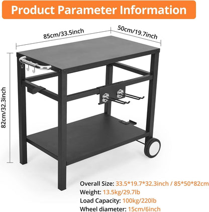 WhizMax Black Grill Cart Pizza Oven Stand, BBQ Prep Table with Wheels & Hooks Outdoor, Side Handle, Double-Shelf Grilling Cart Tabletop Griddle Cooking Station for Bar, Patio, Camping, Home
