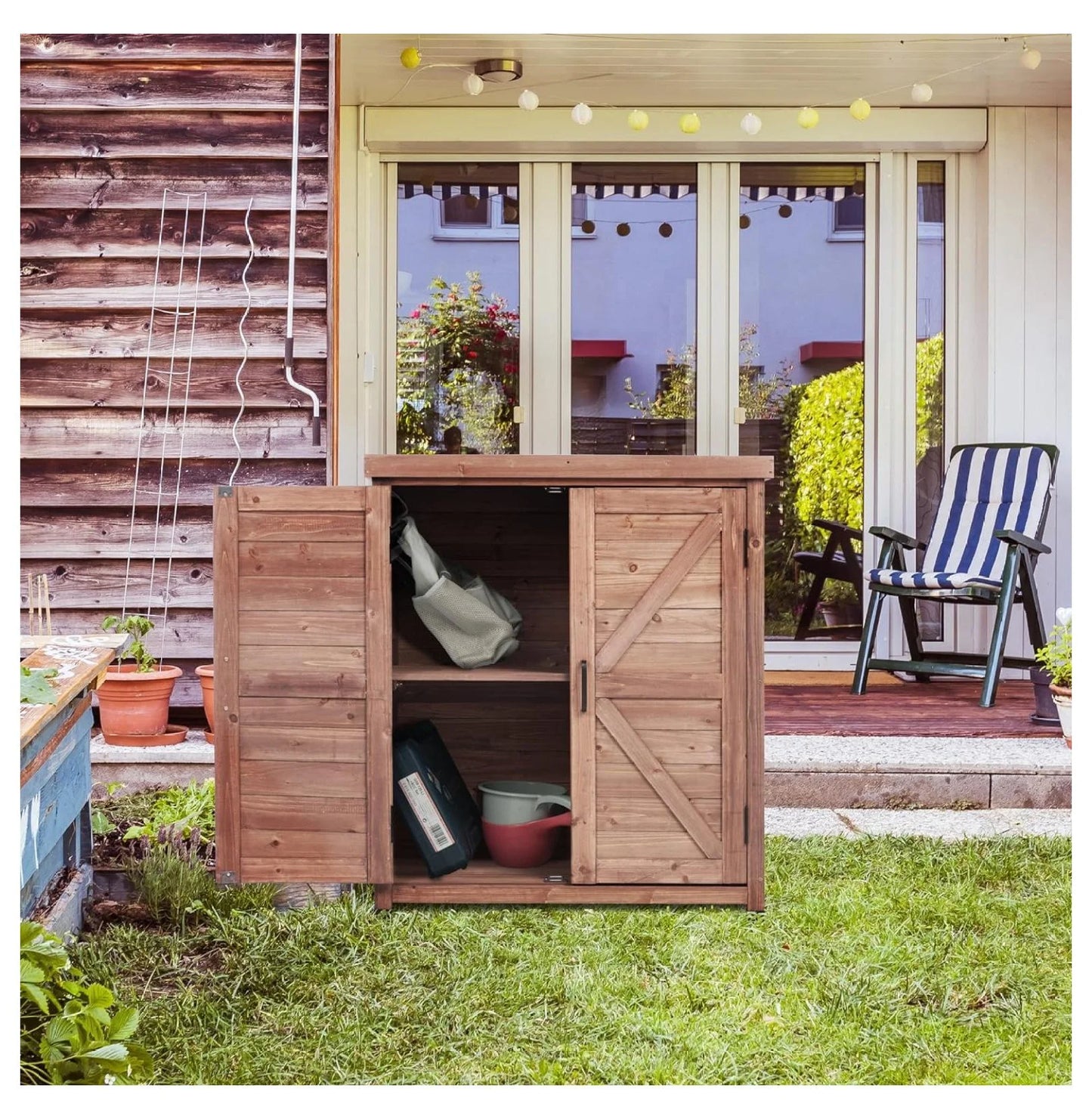 Outdoor Potting Bench with Storage Cabinet and Metal Top, Wood Workstation for Outdoor Patio, Garden