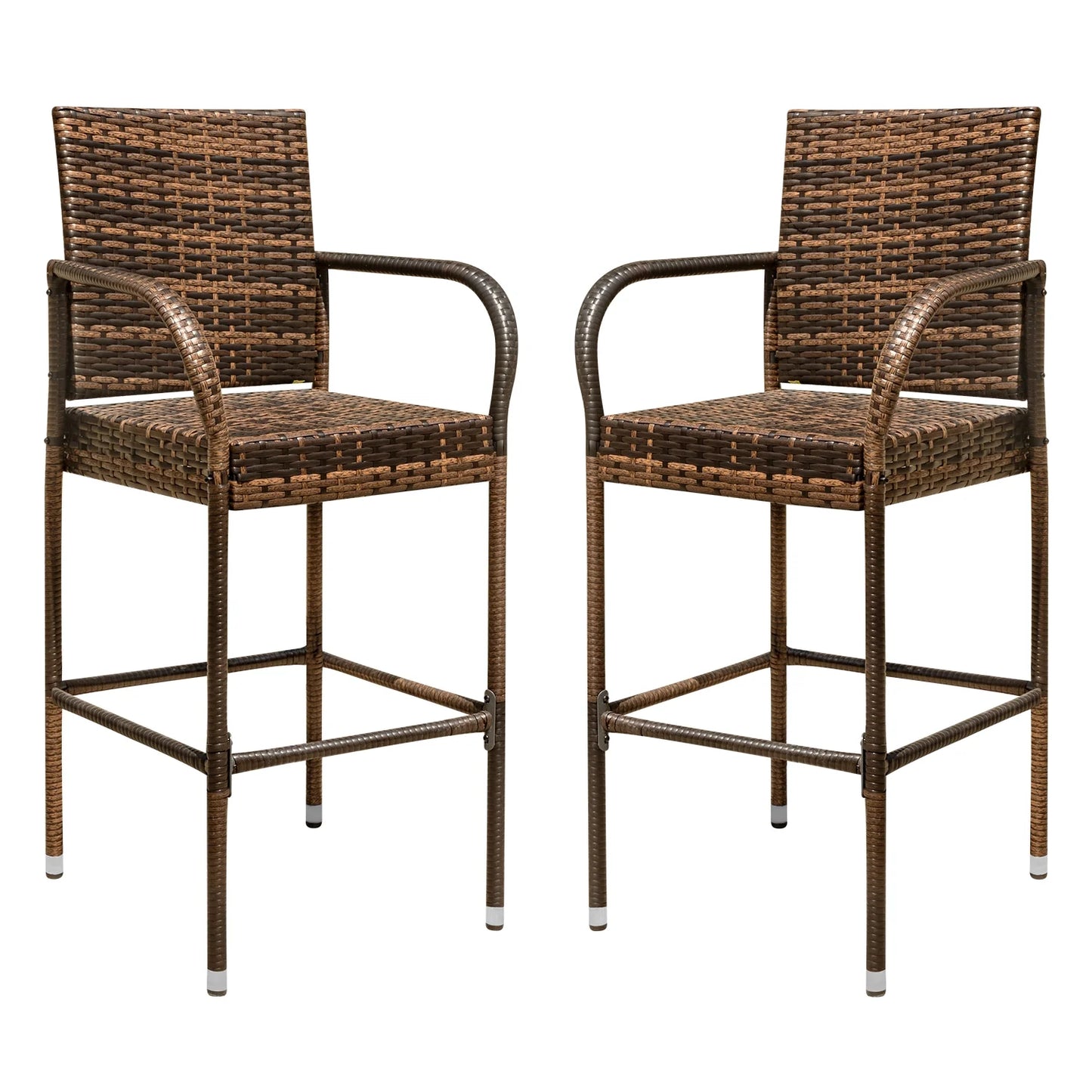 Lacoo Outdoor Wicker Bar Stool with Footrest Patio Rattan and Steel Frame Barstools Set of 2, Brown
