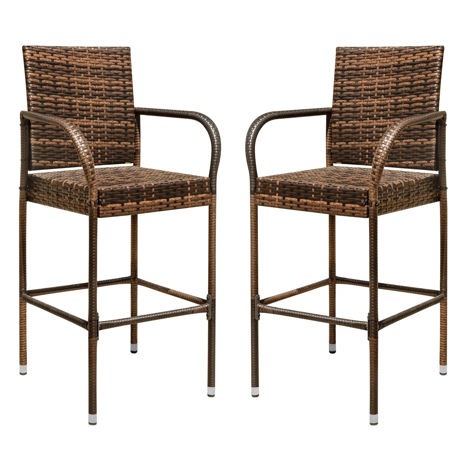Lacoo Outdoor Wicker Bar Stool with Footrest Patio Rattan and Steel Frame Barstools Set of 2, Brown