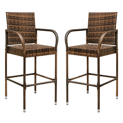 Lacoo Outdoor Wicker Bar Stool with Footrest Patio Rattan and Steel Frame Barstools Set of 2, Brown