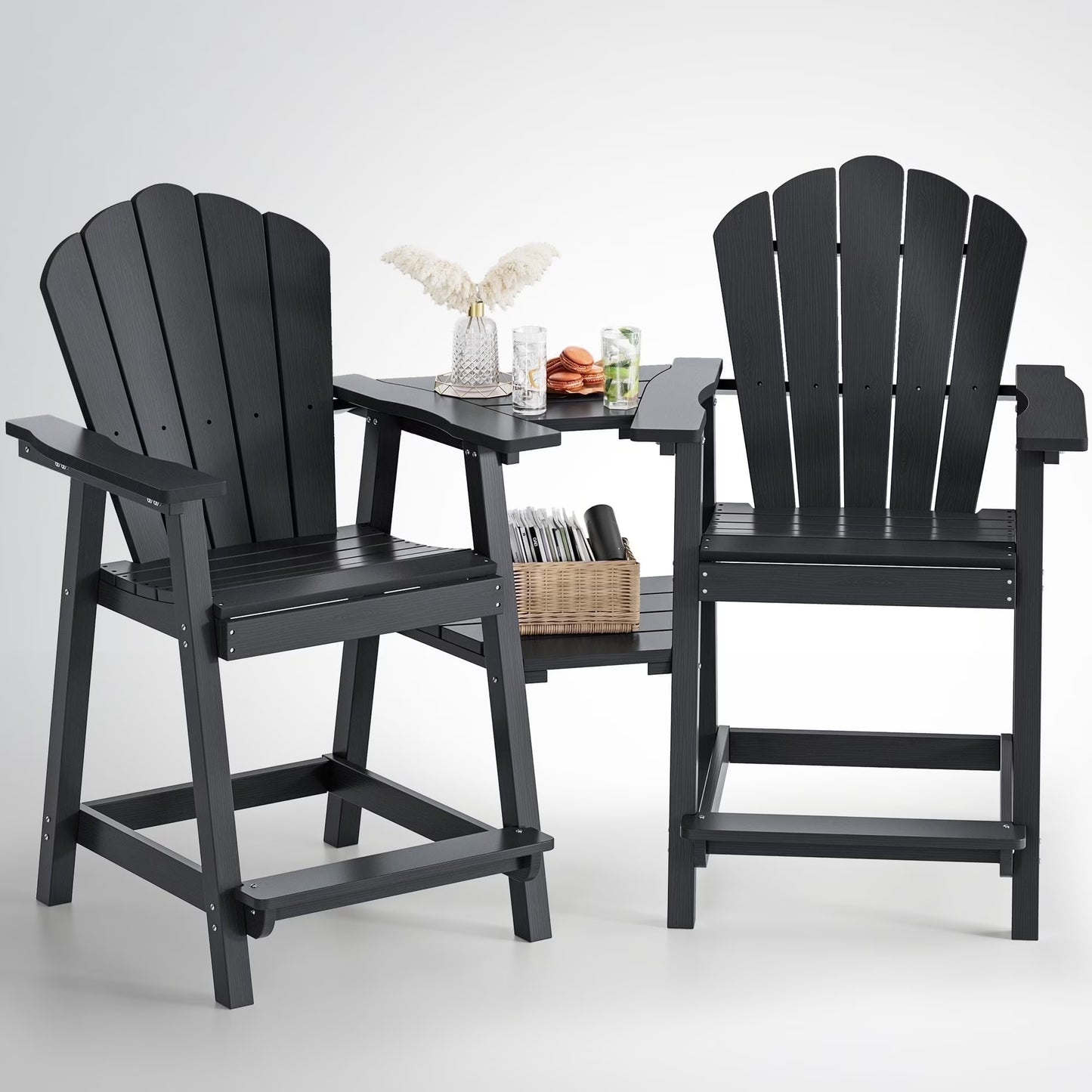 Buballino Bar Height Wooden Patio Set and Double Layer Connecting Tray - Set of 2, Navy Blue