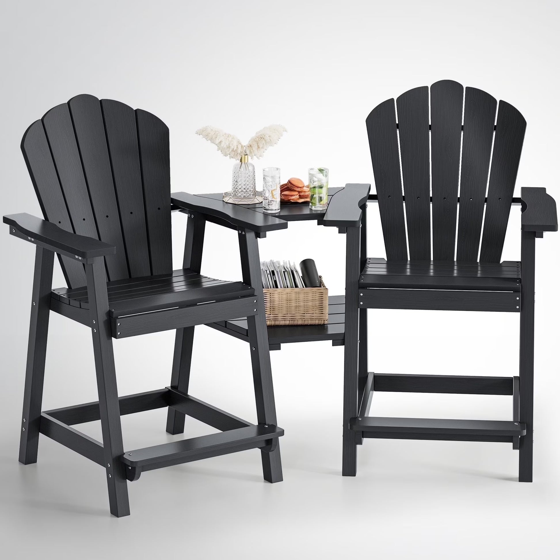 Buballino Bar Height Wooden Patio Set and Double Layer Connecting Tray - Set of 2, Navy Blue