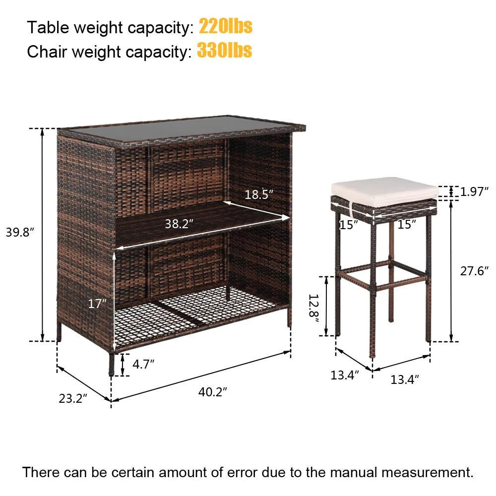 Ktaxon 3PCS Wicker Bar Set Patio Outdoor Table & 2 Stools Furniture Steel, Outdoor Bistro Set w/Wicker Bar Stools