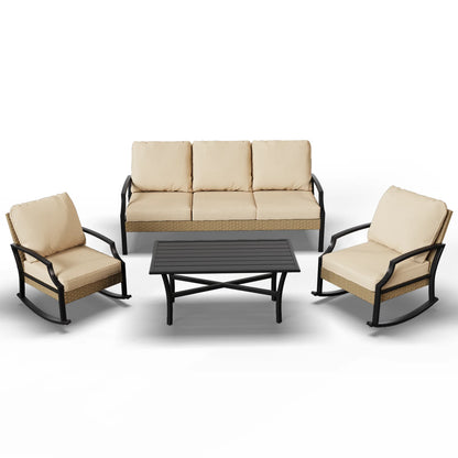 AECOJOY Outdoor Patio Wicker Furniture Sets On Sale,Rattan Patio Conversation Sets With Rocking Chair For Porch,Beige