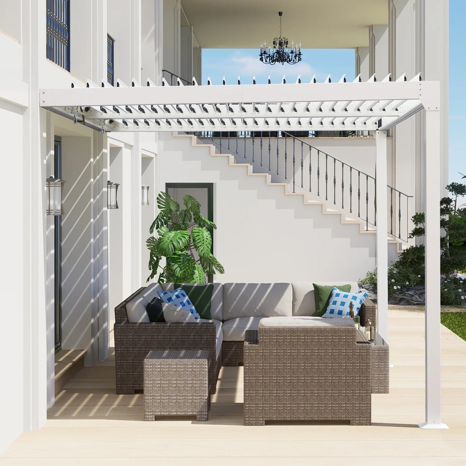 Aoodor 10 Ft. W x 13 Ft. D Outdoor Patio Top Louvered Pergola Adjustable Louvered Sloping Roof Wall-Mounted Pergola for Garden, Backyard