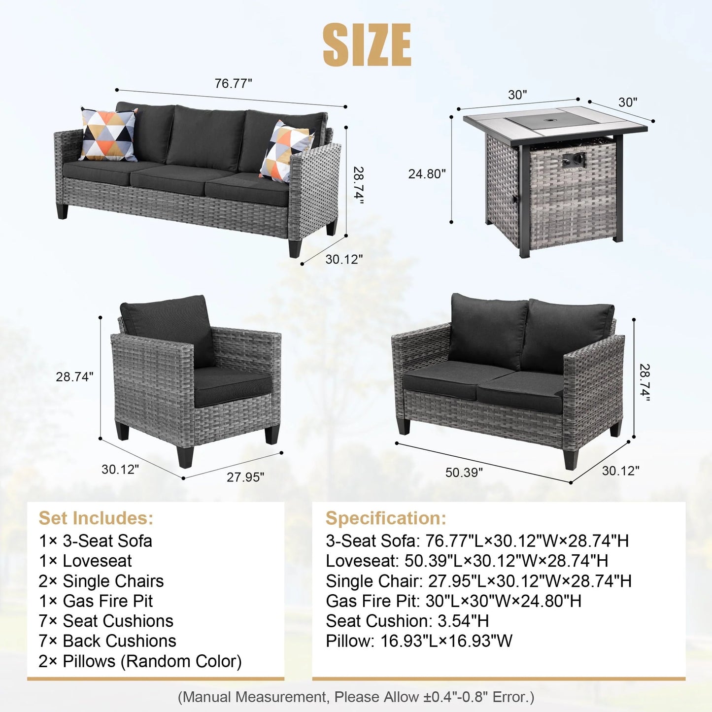 Ovios 5 Pieces Outdoor Patio Furniture with 30 Inch Fire Pit Table Wicker Patio Sectional Sofa with Single Chairs for Backyard Decor