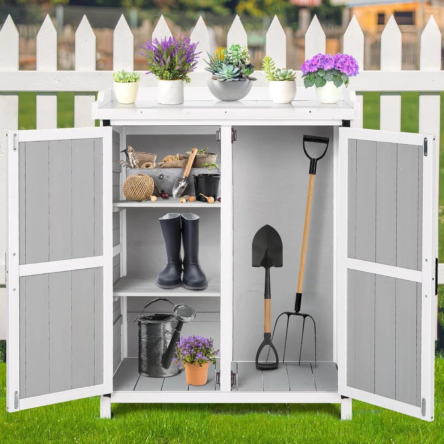Outdoor Potting Bench with Storage - 37" Tall Wooden Garden Workstation with Galvanized Metal Tabletop, Adjustable Shelves & Double Doors for Backyard, Patio, Garden (White).