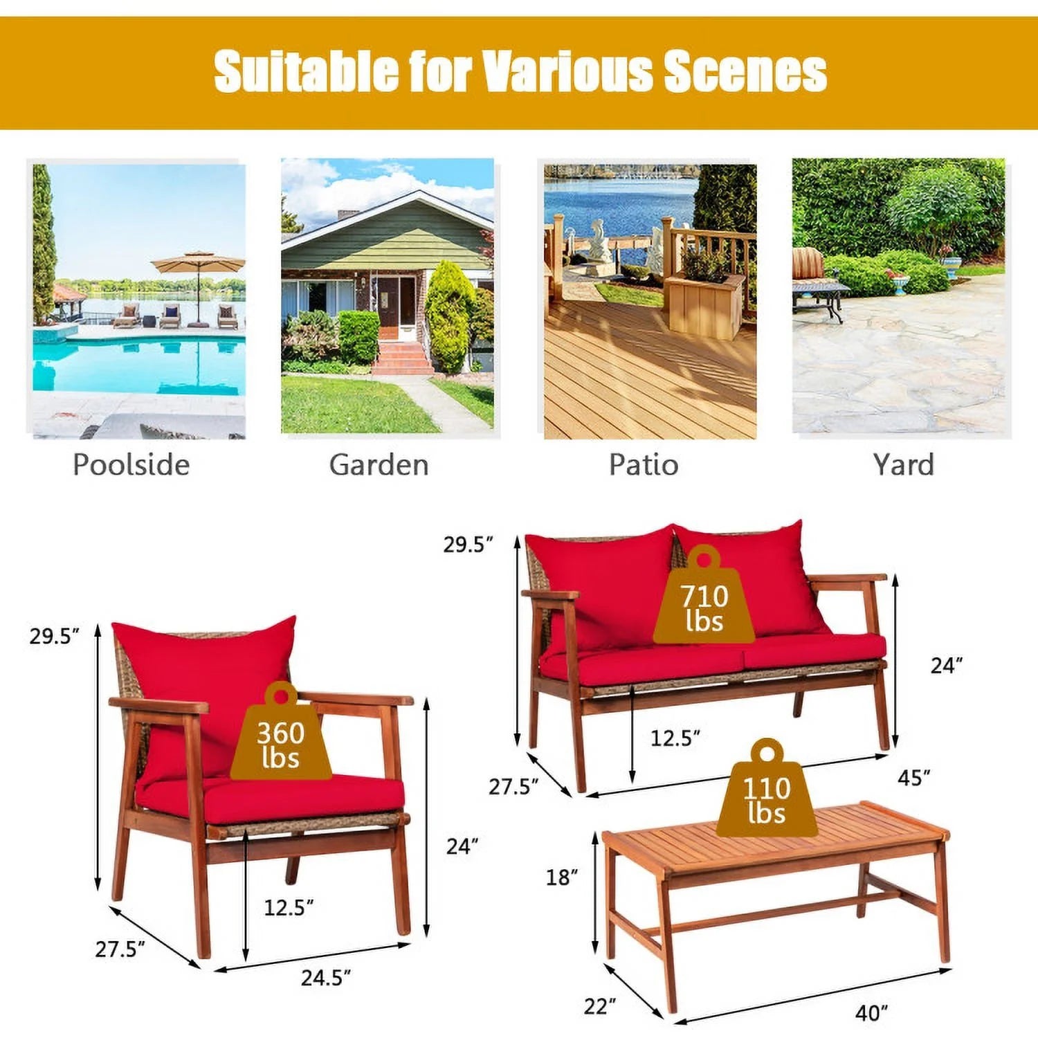 Barara King Outdoor Collection Set, Patio Conversation Table Chair Set, 4 Piece Acacia Wood Patio Rattan Furniture Set-Brown