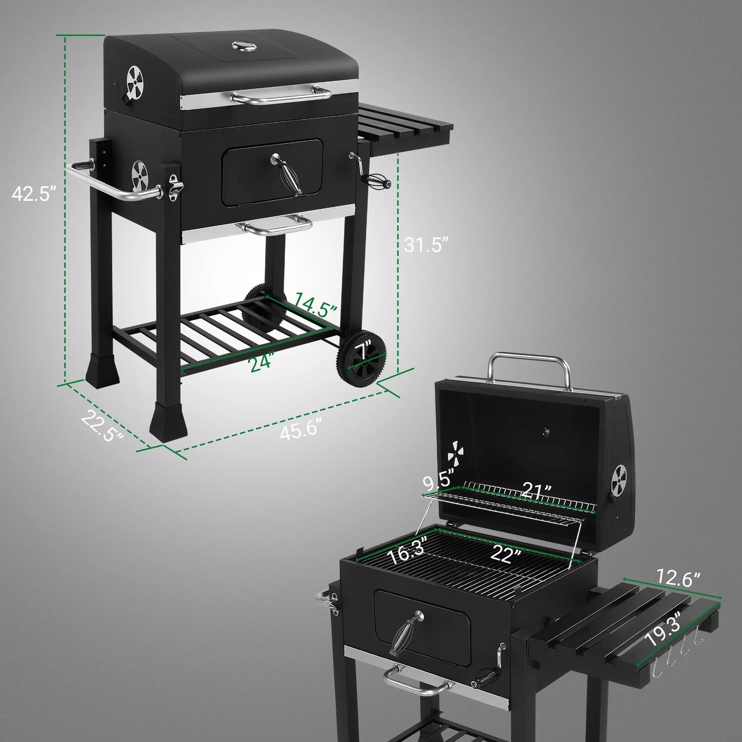 Seizeen Charcoal Grill, 42.5''H Portable BBQ Grill on Wheels, Heavy-duty Outdoor Grill w/2 Grill Area, Adjustable Pan & Foldable Side Table, Picnic Patio Garden and Backyard Grilling