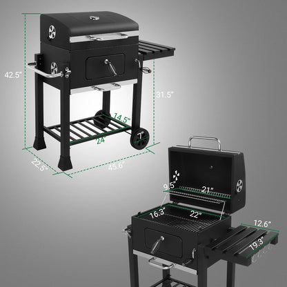 Seizeen Charcoal Grill, 42.5''H Portable BBQ Grill on Wheels, Heavy-duty Outdoor Grill w/2 Grill Area, Adjustable Pan & Foldable Side Table, Picnic Patio Garden and Backyard Grilling