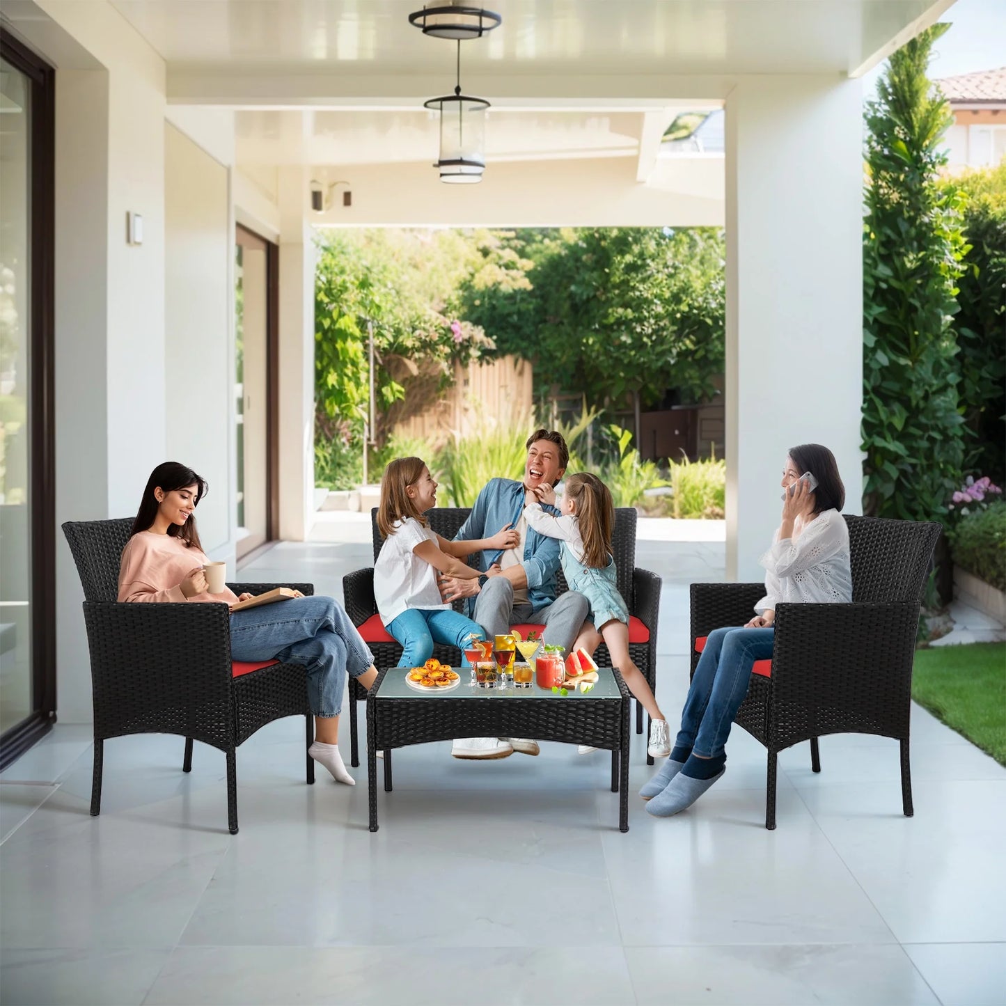 Tappio 4 Piece Patio Conversation Wicker Furniture Set, Porch Furniture Outdoor Sectional Furniture Set w/Coffee Table & Cushions Wicker Sofa Garden Conversation Set for Yard Pool Backyard,Black/Red