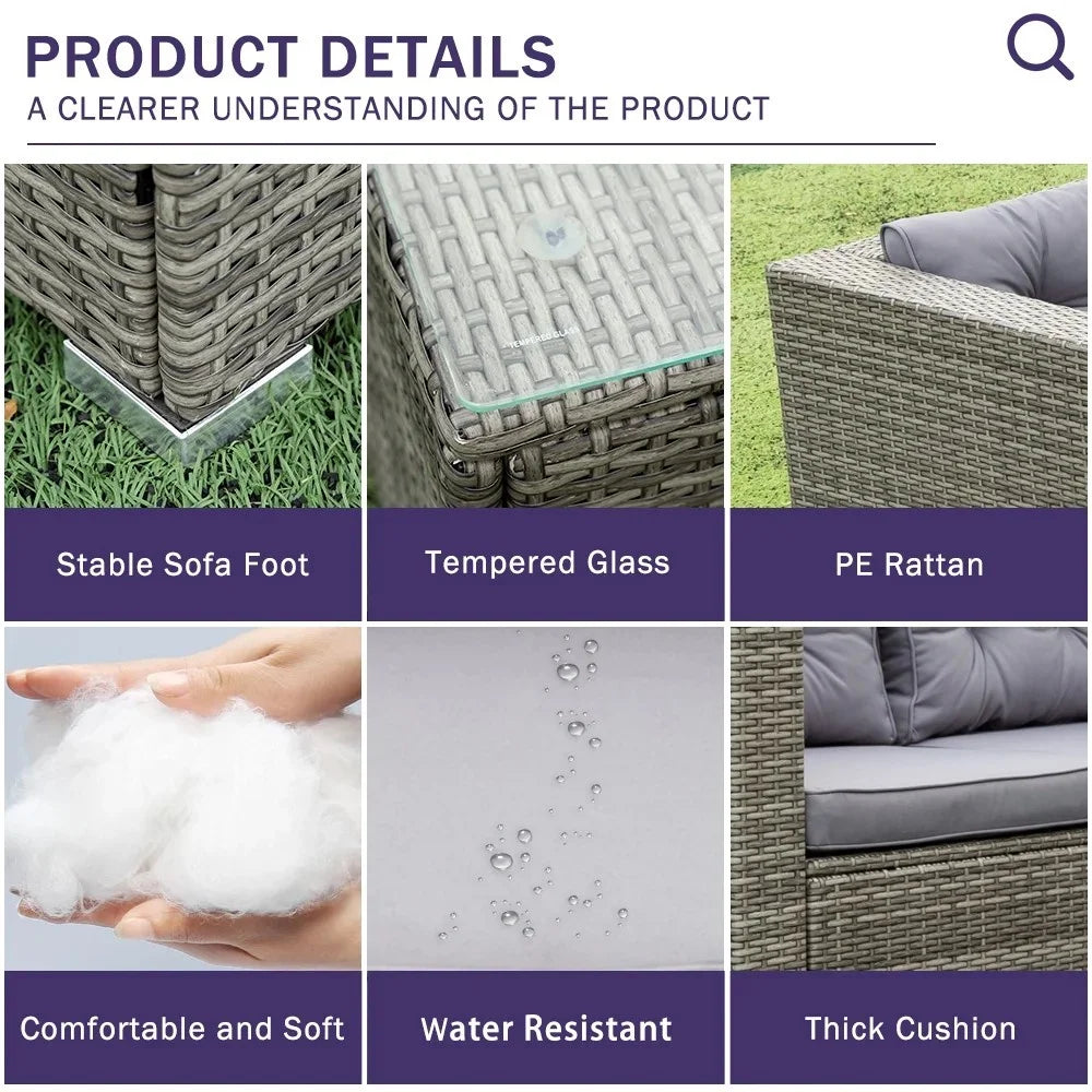 UHOMEPRO 4-Piece Rattan Patio Furniture Sets, All-Weather PE Wicker Patio Conversation Set with Storage Box, Glass Coffee Table, Outdoor Sectional Sofa Set for Backyard Patio Garden Poolside, Gray