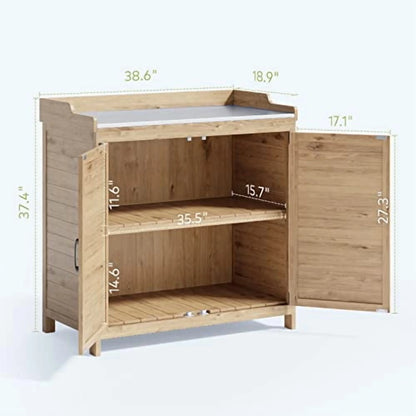 Gizoon Outdoor Potting Bench with Metal Tabletop, Outdoor Garden Patio Wooden Storage Cabinet with Adjustable Shelf, Double Doors Garden Work Bench for Backyard, Patio, Lawn - Natu