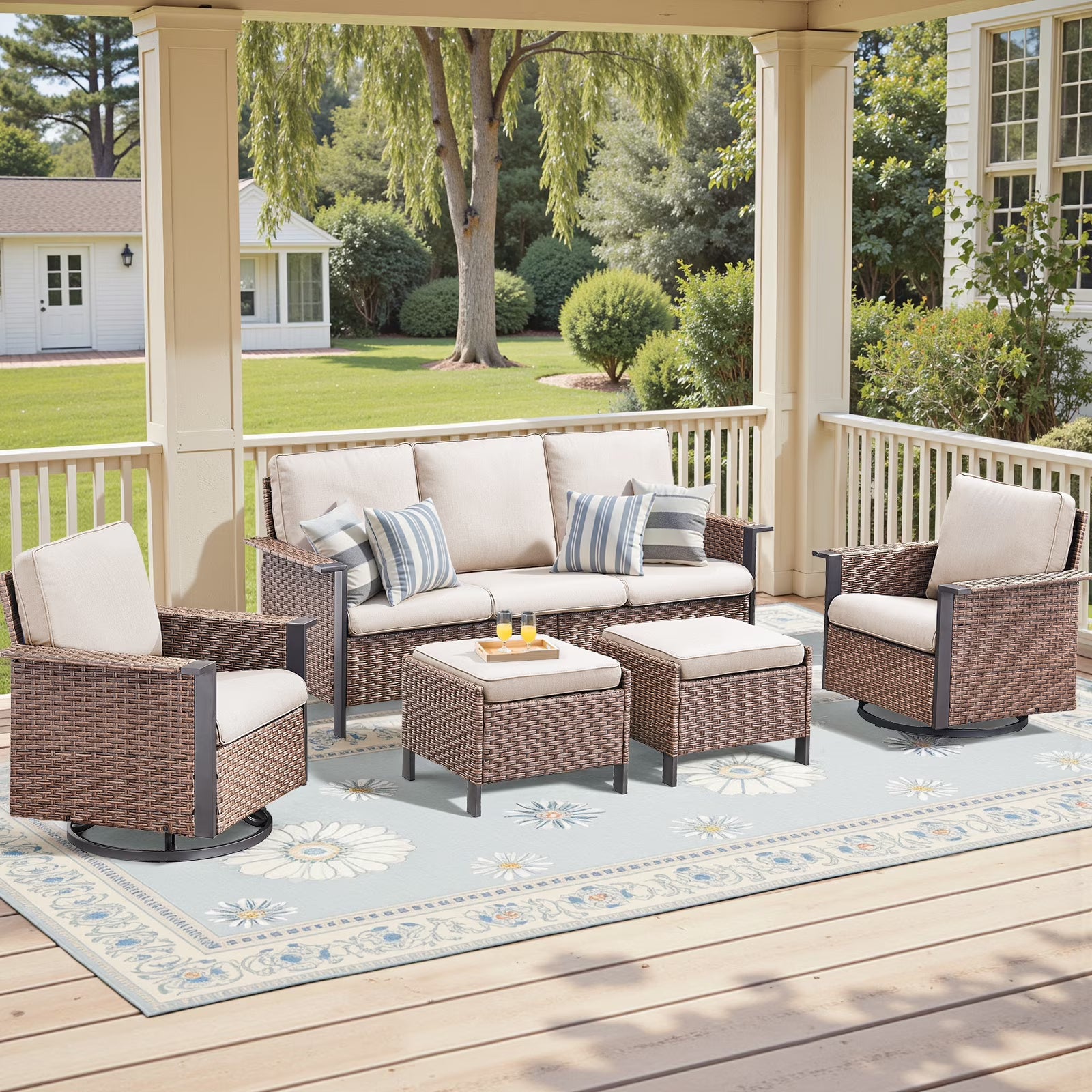 Opohoro 5-Piece Outdoor Conversation Set with Wide Armrest Patio Sofa, Ottomans and Swivel Rocking Chairs for Porch Garden