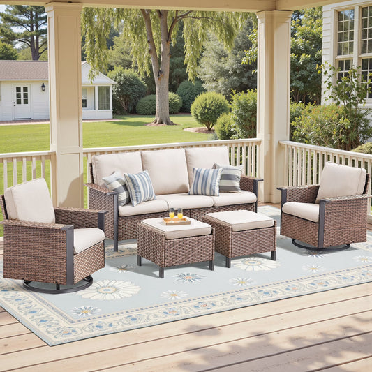 Opohoro 5-Piece Outdoor Conversation Set with Wide Armrest Patio Sofa, Ottomans and Swivel Rocking Chairs for Porch Garden